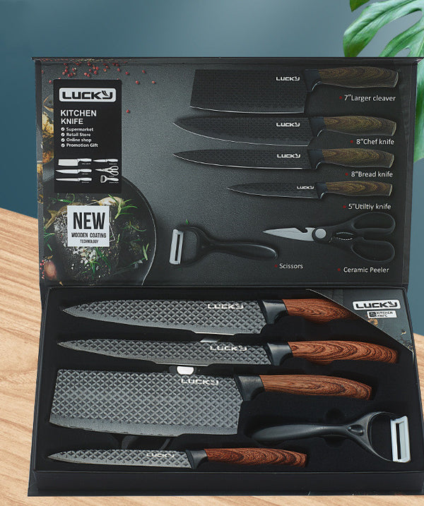 Six-Piece Set Of Stainless Steel Knives With Wooden Handle