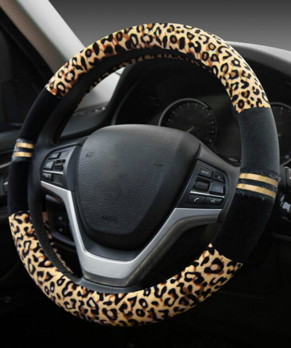 Winter Plush Car Steering Wheel Covers Leopard Grain