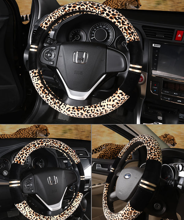 Winter Plush Car Steering Wheel Covers Leopard Grain
